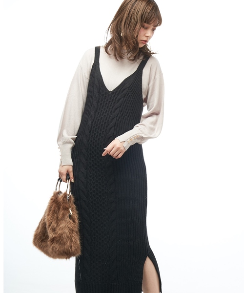 natural couture（ナチュラルクチュール）の「ケーブルニットジャンドレ（ワンピース・レディース・ブラック/ベージュ/アイボリー・FREE）」の8枚目の写真
