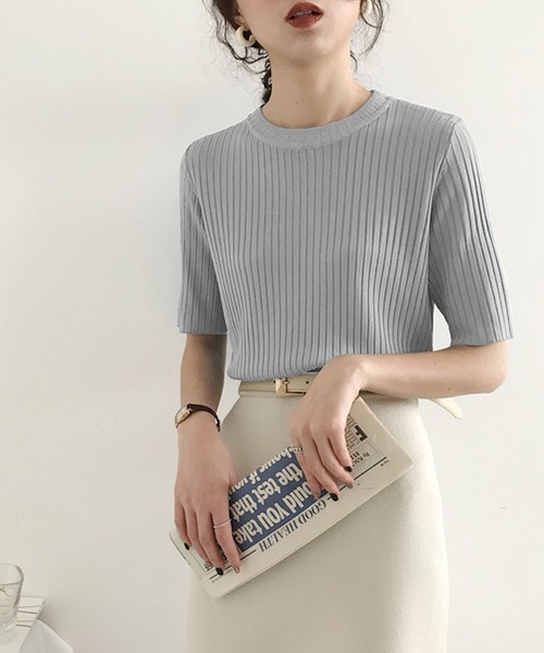 Girly Doll(ガーリードール)の「5分袖サマーリブニットトップス(Tシャツ/カットソー・レディース・ホワイト/ブラック/ベージュ/グレー/ピンク/イエロー/ブルー/グリーン/モカ/テラコッタ・A/C/B)」の4枚目の写真