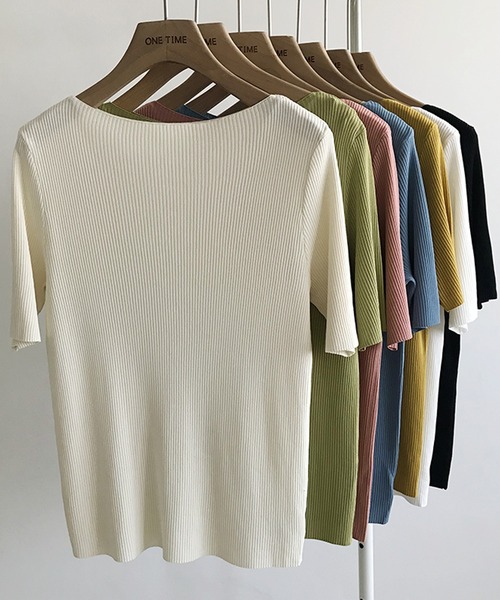 Girly Doll(ガーリードール)の「5分袖サマーリブニットトップス(Tシャツ/カットソー・レディース・ホワイト/ブラック/ベージュ/グレー/ピンク/イエロー/ブルー/グリーン/モカ/テラコッタ・A/C/B)」の21枚目の写真