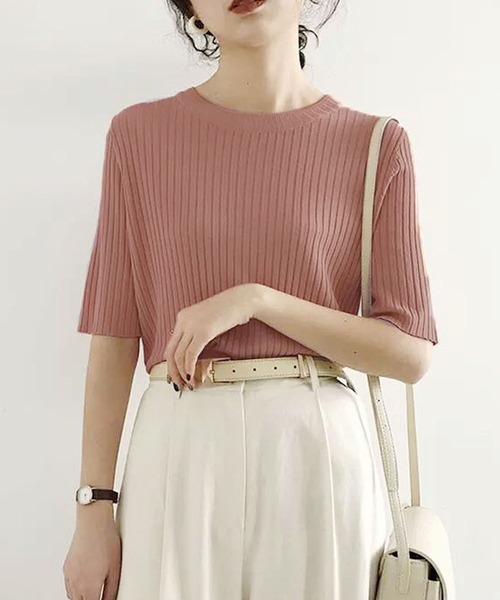 Girly Doll(ガーリードール)の「5分袖サマーリブニットトップス(Tシャツ/カットソー・レディース・ホワイト/ブラック/ベージュ/グレー/ピンク/イエロー/ブルー/グリーン/モカ/テラコッタ・A/C/B)」の14枚目の写真