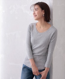 Vネック8分丈コットンフライスTシャツ