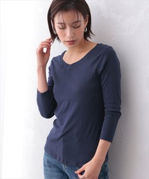 Vネック8分丈コットンフライスTシャツ