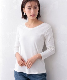 Vネック8分丈コットンフライスTシャツ