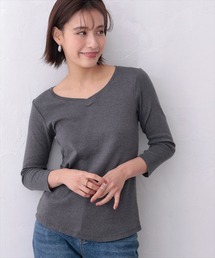 Vネック8分丈コットンフライスTシャツ