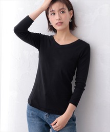 Vネック8分丈コットンフライスTシャツ