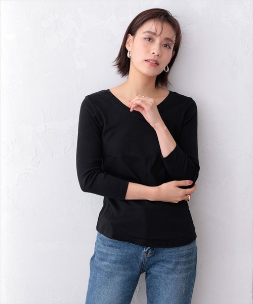 DONOBAN(ドノバン)の「Vネック8分丈コットンフライスTシャツ(Tシャツ/カットソー・レディース・チャコールグレー/ブラック/ネイビー/オフホワイト/杢グレー・LL/M/L)」の9枚目の写真