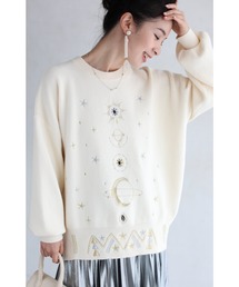 夜空に輝く星と惑星の刺繍ニットトップス
