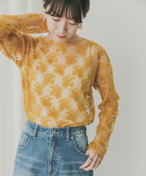 KBF+（ケービーエフプラス）の「KBF+　チュール刺繍プルオーバー（その他トップス・レディース・オフホワイト/ブルー系その他/キャメル・ONE）」の3枚目の写真