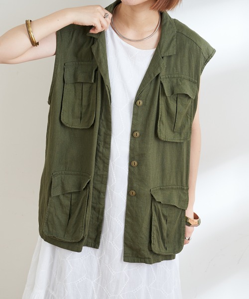 CIAOPANIC TYPY（チャオパニックティピー）の「リネンレーヨンミリタリーベスト（ベスト・レディース・カーキ・ONE SIZE）」の4枚目の写真