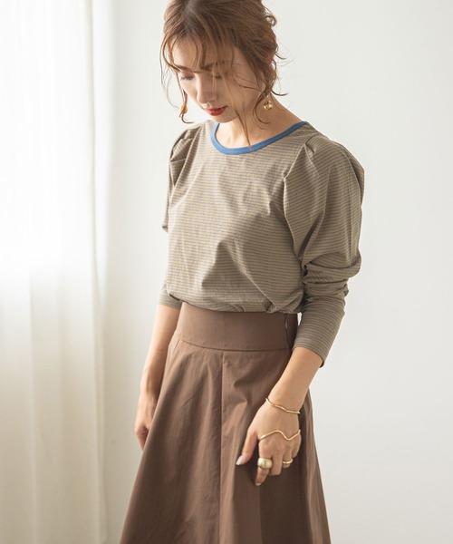 rectangle（レクタングル）の「タックスリーブボーダートップス（Tシャツ/カットソー・レディース・カーキ/サックスブルー/ミント・FREE）」の2枚目の写真