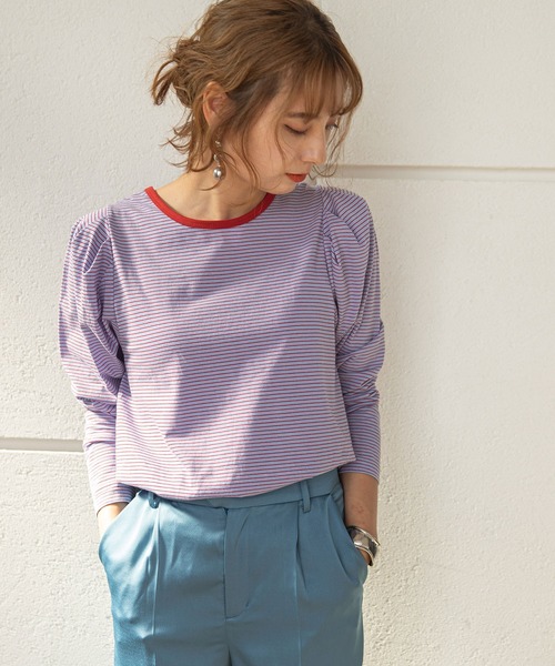 rectangle（レクタングル）の「タックスリーブボーダートップス（Tシャツ/カットソー・レディース・カーキ/サックスブルー/ミント・FREE）」の3枚目の写真