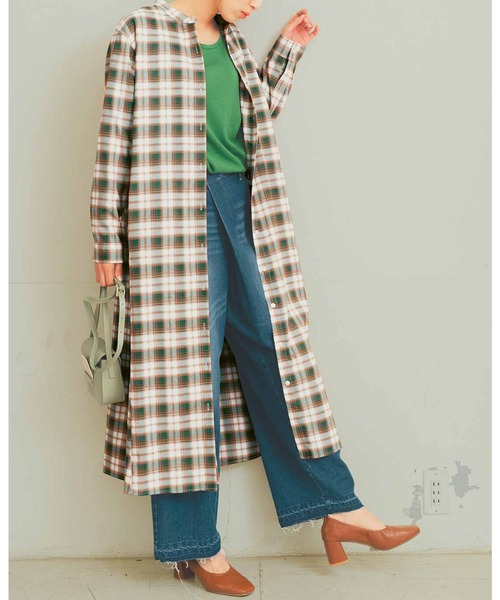 Live in comfort（リブインコンフォート）の「リブ　イン　コンフォート　たっぷり感が素敵なきれいめチェック柄シャツワンピース（シャツワンピース・レディース・オレンジ系その他/ブルーグレー/ホワイト×グリーン/ブラック系その他・SMALL/MEDIUM/LARGE/X-LARGE/XX-LARGE/NM/XXX-LARGE）」の6枚目の写真