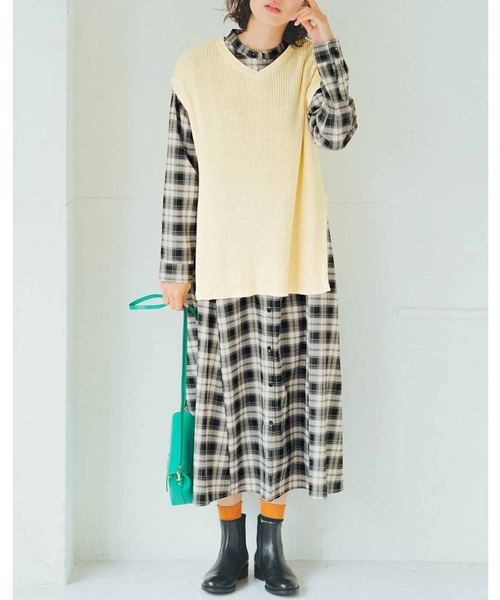 Live in comfort（リブインコンフォート）の「リブ　イン　コンフォート　たっぷり感が素敵なきれいめチェック柄シャツワンピース（シャツワンピース・レディース・オレンジ系その他/ブルーグレー/ホワイト×グリーン/ブラック系その他・SMALL/MEDIUM/LARGE/X-LARGE/XX-LARGE/NM/XXX-LARGE）」の7枚目の写真