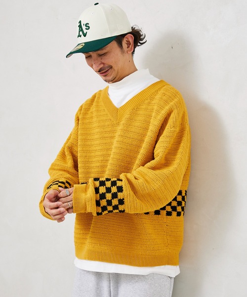 JOURNAL STANDARD relume（ジャーナルスタンダード　レリューム）の「CALIFORNIA クロシェアミ Vネックニット "CHECKER"（ニット/セーター・メンズ・ブラック/ベージュ/オレンジ・M/L）」の21枚目の写真
