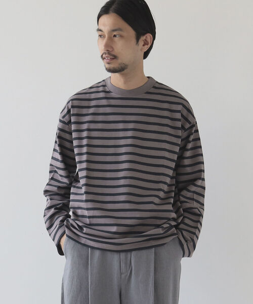 BEAMS LIGHTS（ビームスライツ）の「BEAMS LIGHTS / ギザコットン スプレンダーツイスト ボーダー ロングTシャツ（Tシャツ/カットソー・メンズ・ホワイト/ワイン/ブラウン系その他2・SMALL/MEDIUM/LARGE）」の3枚目の写真