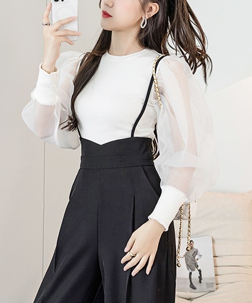 Grandeir（グランディール）の「ハイウエストサロペットパンツ（サロペット/オーバーオール・レディース・ブラック/モカ・M）」の3枚目の写真