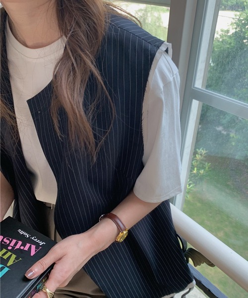 aimoha（アイモハ）の「デザイン縞模様　ジレ（ベスト・レディース・ネイビー・MEDIUM/SMALL）」の11枚目の写真