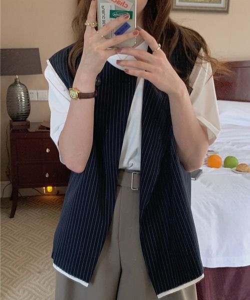 aimoha（アイモハ）の「デザイン縞模様　ジレ（ベスト・レディース・ネイビー・MEDIUM/SMALL）」の15枚目の写真
