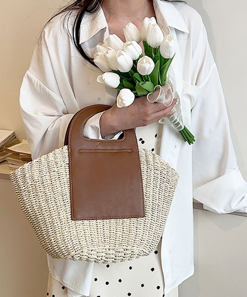 florist（フローリスト）の「ハンドルレザーカゴバッグ/トートバッグ（かごバッグ・レディース・ライトブラウン/オフホワイト・FREE）」の7枚目の写真