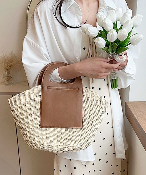 florist（フローリスト）の「ハンドルレザーカゴバッグ/トートバッグ（かごバッグ・レディース・ライトブラウン/オフホワイト・FREE）」の8枚目の写真