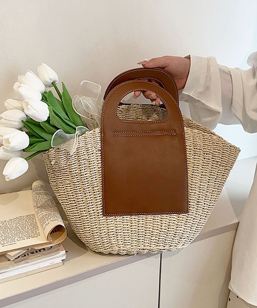 florist（フローリスト）の「ハンドルレザーカゴバッグ/トートバッグ（かごバッグ・レディース・ライトブラウン/オフホワイト・FREE）」の9枚目の写真