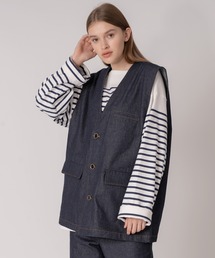 【SET UP可能】COLLARLESS DENIM GILET VEST / ノーカラーデニムジレベスト