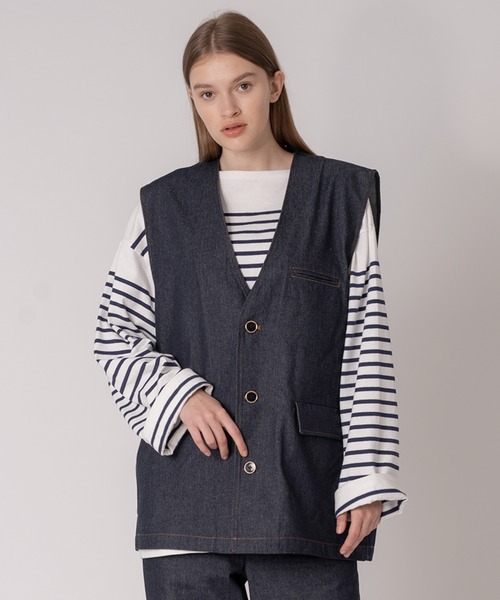 ONCILY(オンシェリー)の「【SET UP可能】COLLARLESS DENIM GILET VEST / ノーカラーデニムジレベスト(ベスト・メンズ・ナチュラル/ブラック/インディゴブルー・LARGE/MEDIUM)」の18枚目の写真