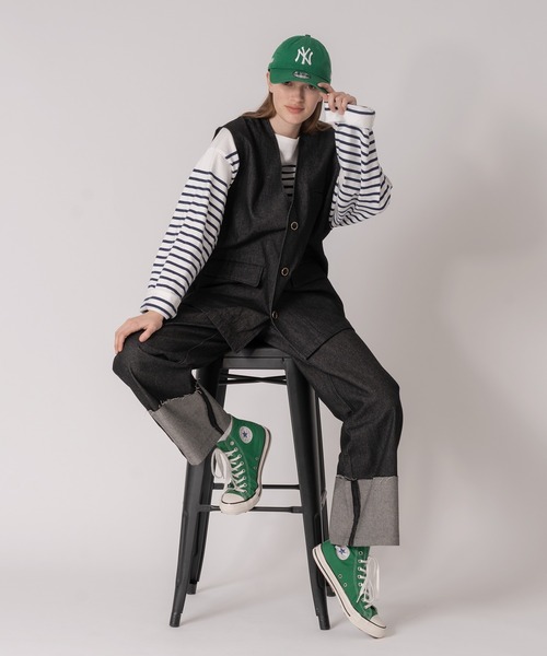 セール】【SET UP可能】COLLARLESS DENIM GILET VEST / ノーカラー