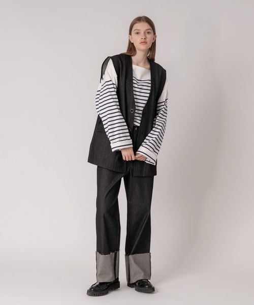 セール】【SET UP可能】COLLARLESS DENIM GILET VEST / ノー