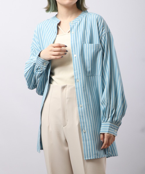 Blasty（ブラスティー）の「BLASTY バンドカラーストライプシャツ（シャツ/ブラウス・レディース・グリーン/ブルー・F）」の2枚目の写真