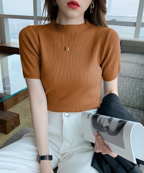 COCOMOMO(ココモモ)の「ぷちハイネック 半袖サマーニット(Tシャツ/カットソー・レディース・アイボリー/ブラック/ブルー系その他/ブラウン×イエロー/ベージュ/グリーン/ブラウン・FREE)」の4枚目の写真