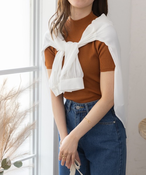 COCOMOMO(ココモモ)の「ぷちハイネック 半袖サマーニット(Tシャツ/カットソー・レディース・アイボリー/ブラック/ブルー系その他/ブラウン×イエロー/ベージュ/グリーン/ブラウン・FREE)」の18枚目の写真