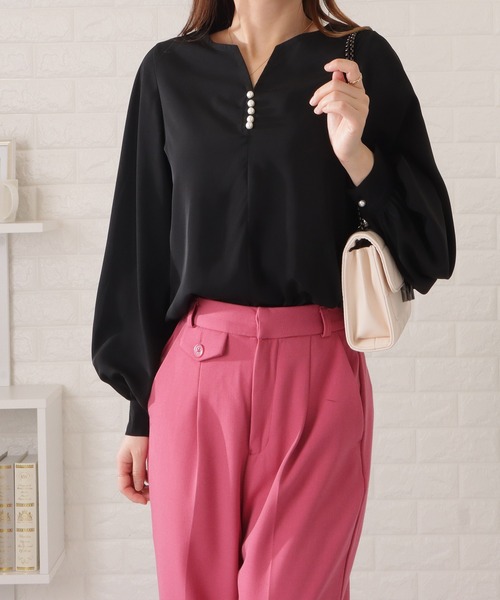 Lace Ladies（レースレディース）の「パールボタンキーネック長袖ブラウス（シャツ/ブラウス・レディース・ネイビー/ブラック/ベージュ/ホワイト・FREE/S）」の7枚目の写真