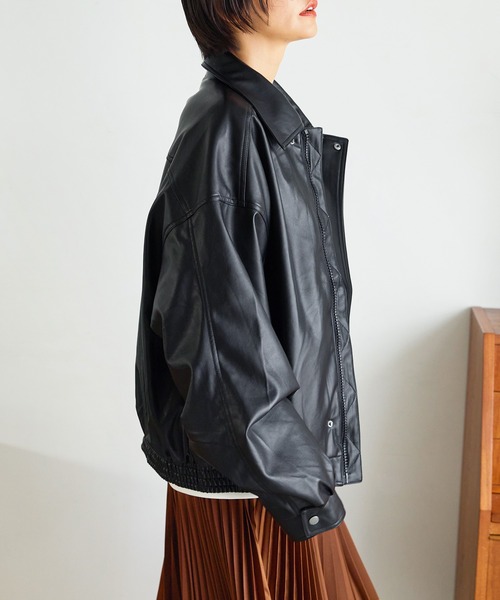 【セール】ワンポイント刺繍 合成皮革オーバーサイズブルゾン(ブルゾン)|uora(ユオラ) 【セール】ワンポイント刺繍 合成皮革オーバーサイズブルゾン(ブルゾン)|uora(ユオラ)