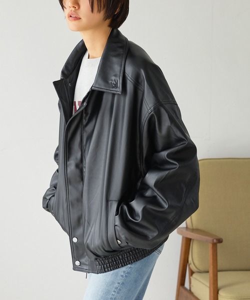 【セール】ワンポイント刺繍 合成皮革オーバーサイズブルゾン(ブルゾン)|uora(ユオラ) 【セール】ワンポイント刺繍 合成皮革オーバーサイズブルゾン(ブルゾン)|uora(ユオラ)