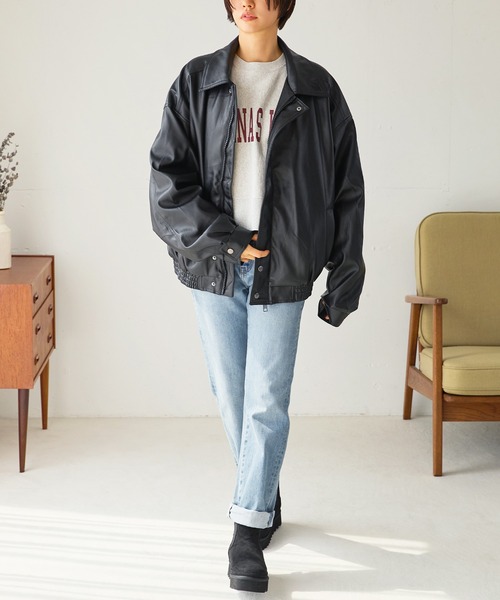 【セール】ワンポイント刺繍 合成皮革オーバーサイズブルゾン(ブルゾン)|uora(ユオラ) 【セール】ワンポイント刺繍 合成皮革オーバーサイズブルゾン(ブルゾン)|uora(ユオラ)