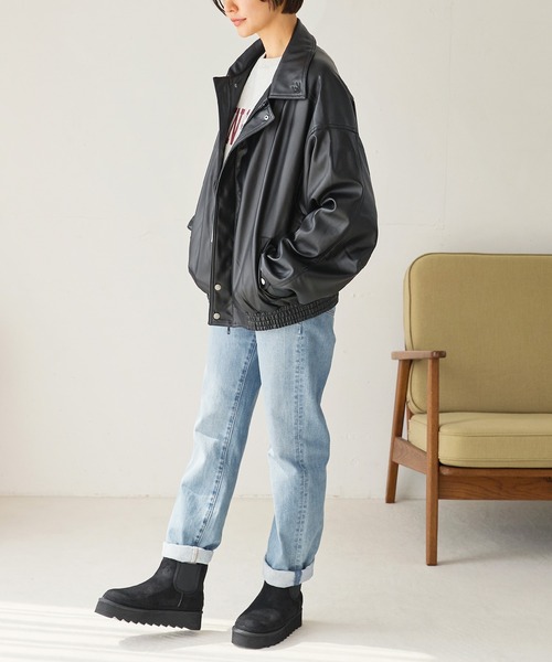 【セール】ワンポイント刺繍 合成皮革オーバーサイズブルゾン(ブルゾン)|uora(ユオラ) 【セール】ワンポイント刺繍 合成皮革オーバーサイズブルゾン(ブルゾン)|uora(ユオラ)