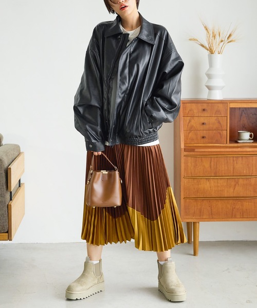 【セール】ワンポイント刺繍 合成皮革オーバーサイズブルゾン(ブルゾン)|uora(ユオラ) 【セール】ワンポイント刺繍 合成皮革オーバーサイズブルゾン(ブルゾン)|uora(ユオラ)