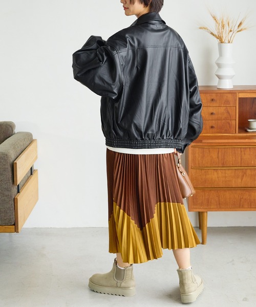 【セール】ワンポイント刺繍 合成皮革オーバーサイズブルゾン(ブルゾン)|uora(ユオラ) 【セール】ワンポイント刺繍 合成皮革オーバーサイズブルゾン(ブルゾン)|uora(ユオラ)