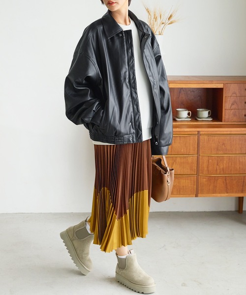 【セール】ワンポイント刺繍 合成皮革オーバーサイズブルゾン(ブルゾン)|uora(ユオラ) 【セール】ワンポイント刺繍 合成皮革オーバーサイズブルゾン(ブルゾン)|uora(ユオラ)