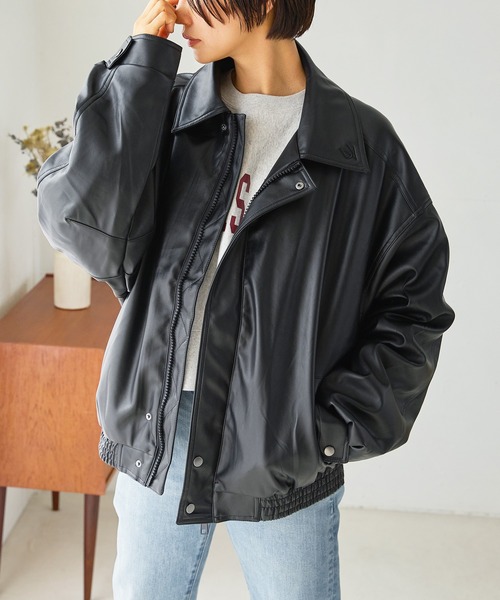 【セール】ワンポイント刺繍 合成皮革オーバーサイズブルゾン(ブルゾン)|uora(ユオラ) 【セール】ワンポイント刺繍 合成皮革オーバーサイズブルゾン(ブルゾン)|uora(ユオラ)