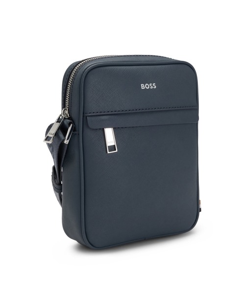 BOSS ボス★ネイビー ロゴ レポーターバッグ BOSSレタリングロゴ ストラクチャードレザー レポーターバッグ
