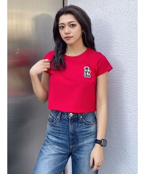 GYDA（ジェイダ）の「PalmTree Square gyda ワッペンショートトップス（Tシャツ/カットソー・レディース・ブラック/オフホワイト/グリーン/レッド・FREE）」の4枚目の写真