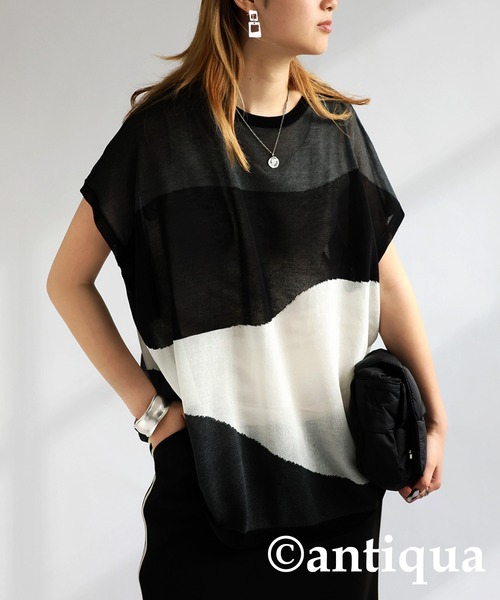 antiqua(アンティカ)の「麻タッチシアートップス(Tシャツ/カットソー・レディース・ベージュ/ブラック・ONESIZE)」の2枚目の写真