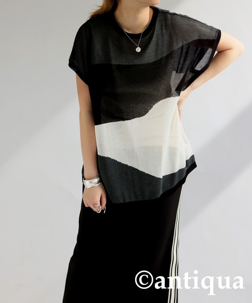 antiqua(アンティカ)の「麻タッチシアートップス(Tシャツ/カットソー・レディース・ベージュ/ブラック・ONESIZE)」の3枚目の写真