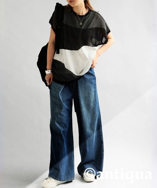 antiqua(アンティカ)の「麻タッチシアートップス(Tシャツ/カットソー・レディース・ベージュ/ブラック・ONESIZE)」の7枚目の写真