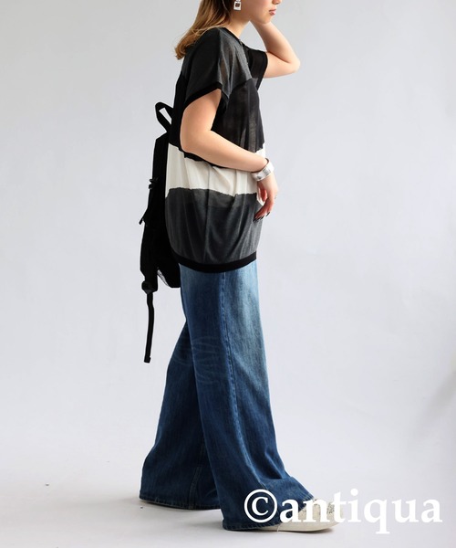 antiqua(アンティカ)の「麻タッチシアートップス(Tシャツ/カットソー・レディース・ベージュ/ブラック・ONESIZE)」の5枚目の写真