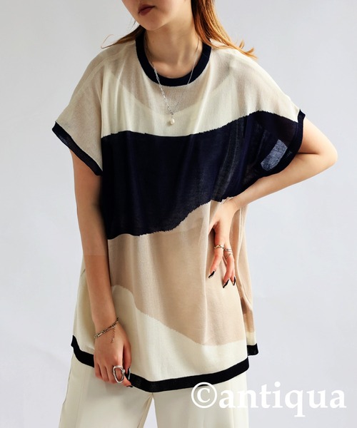 antiqua(アンティカ)の「麻タッチシアートップス(Tシャツ/カットソー・レディース・ベージュ/ブラック・ONESIZE)」の8枚目の写真