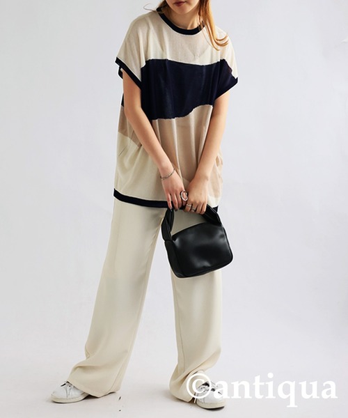 antiqua(アンティカ)の「麻タッチシアートップス(Tシャツ/カットソー・レディース・ベージュ/ブラック・ONESIZE)」の9枚目の写真
