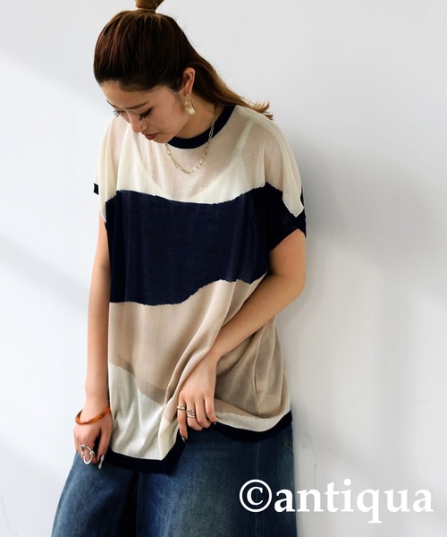 antiqua(アンティカ)の「麻タッチシアートップス(Tシャツ/カットソー・レディース・ベージュ/ブラック・ONESIZE)」の11枚目の写真
